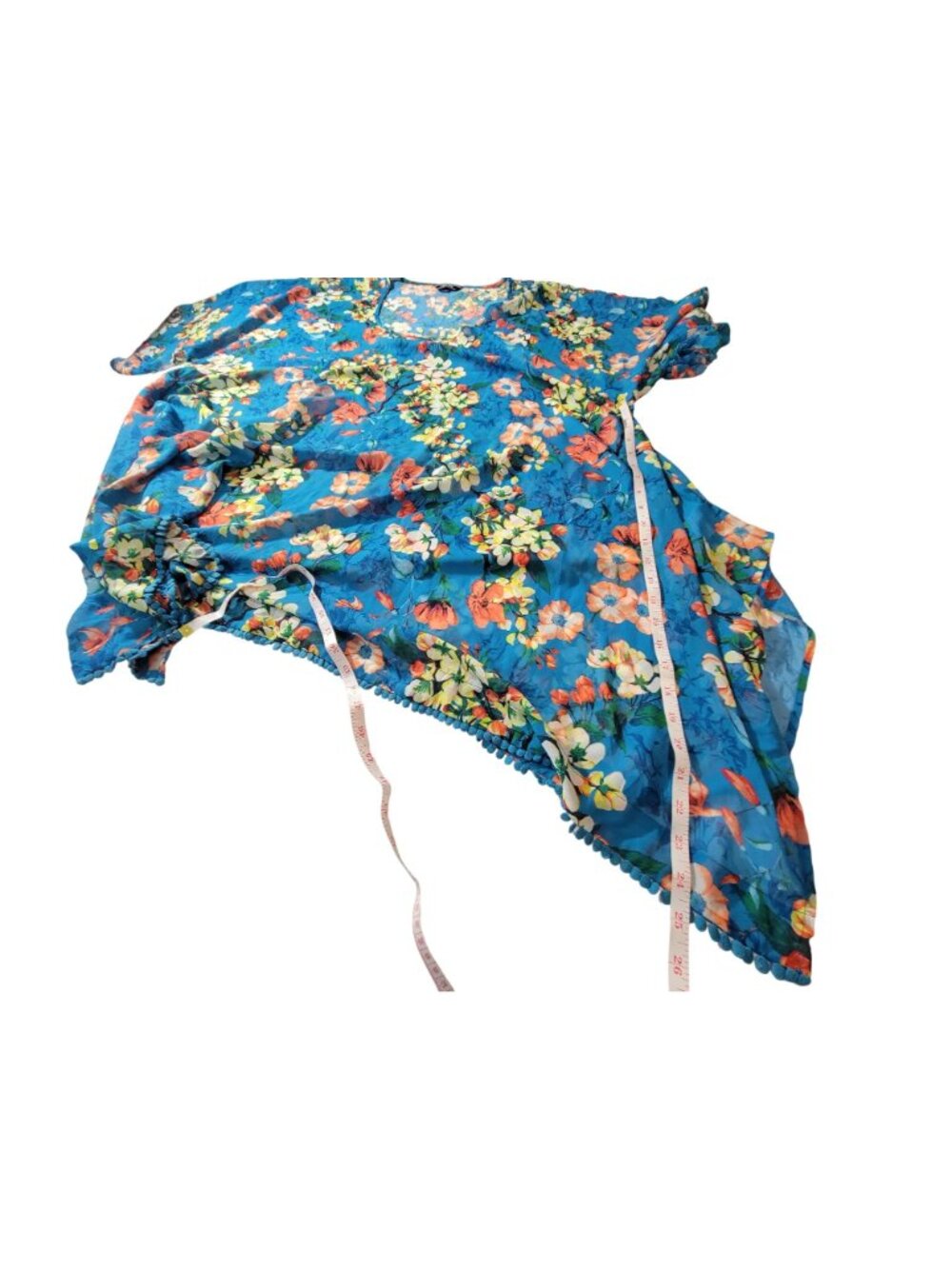 Lands' End womens Floral Sheer Blue Kimono Top With Pom Pom Trim Lightweight - Picture 4 of 10